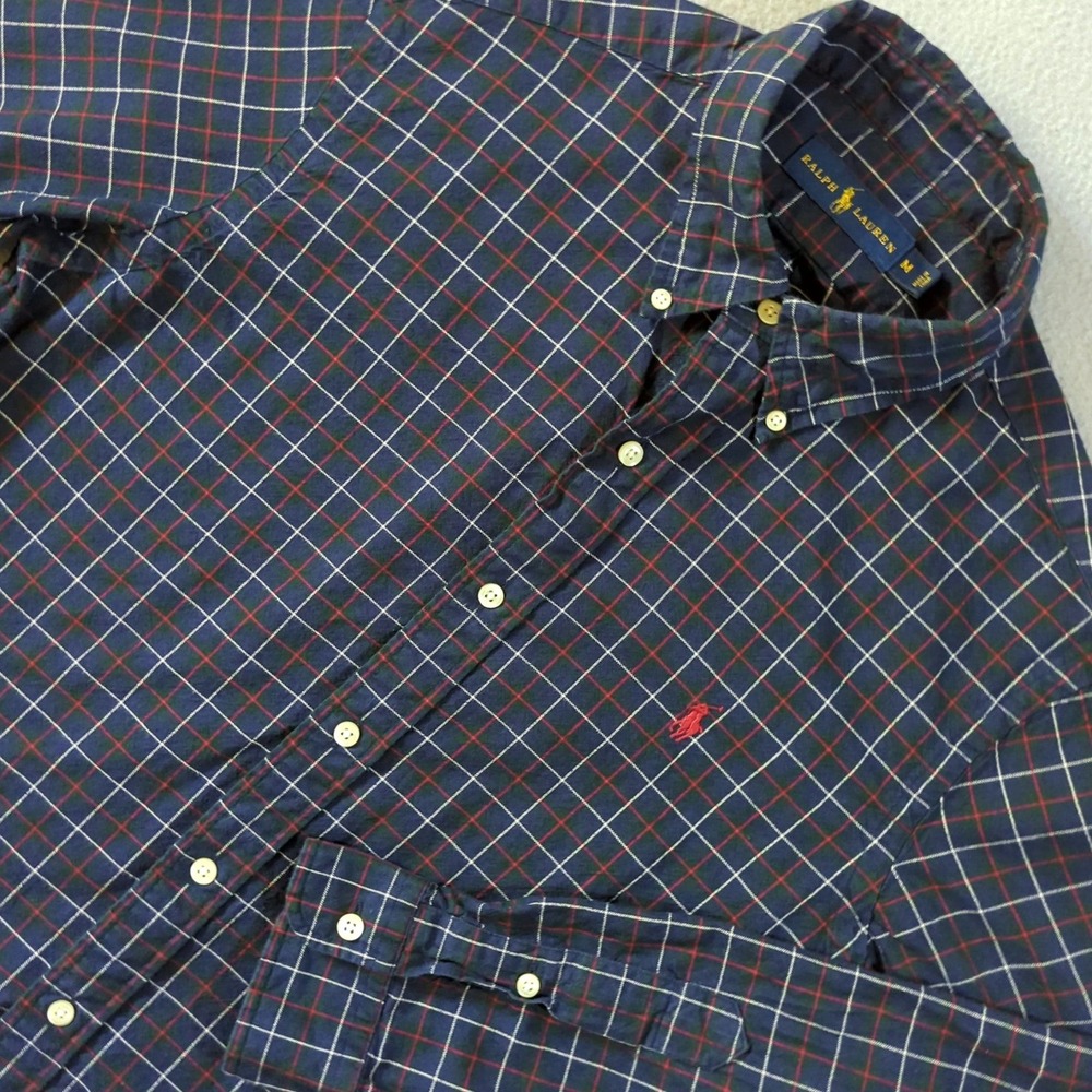 Polo Ralph Lauren Mens Medium Plaid Button Down Shirt  Blue Red Long Sleeve